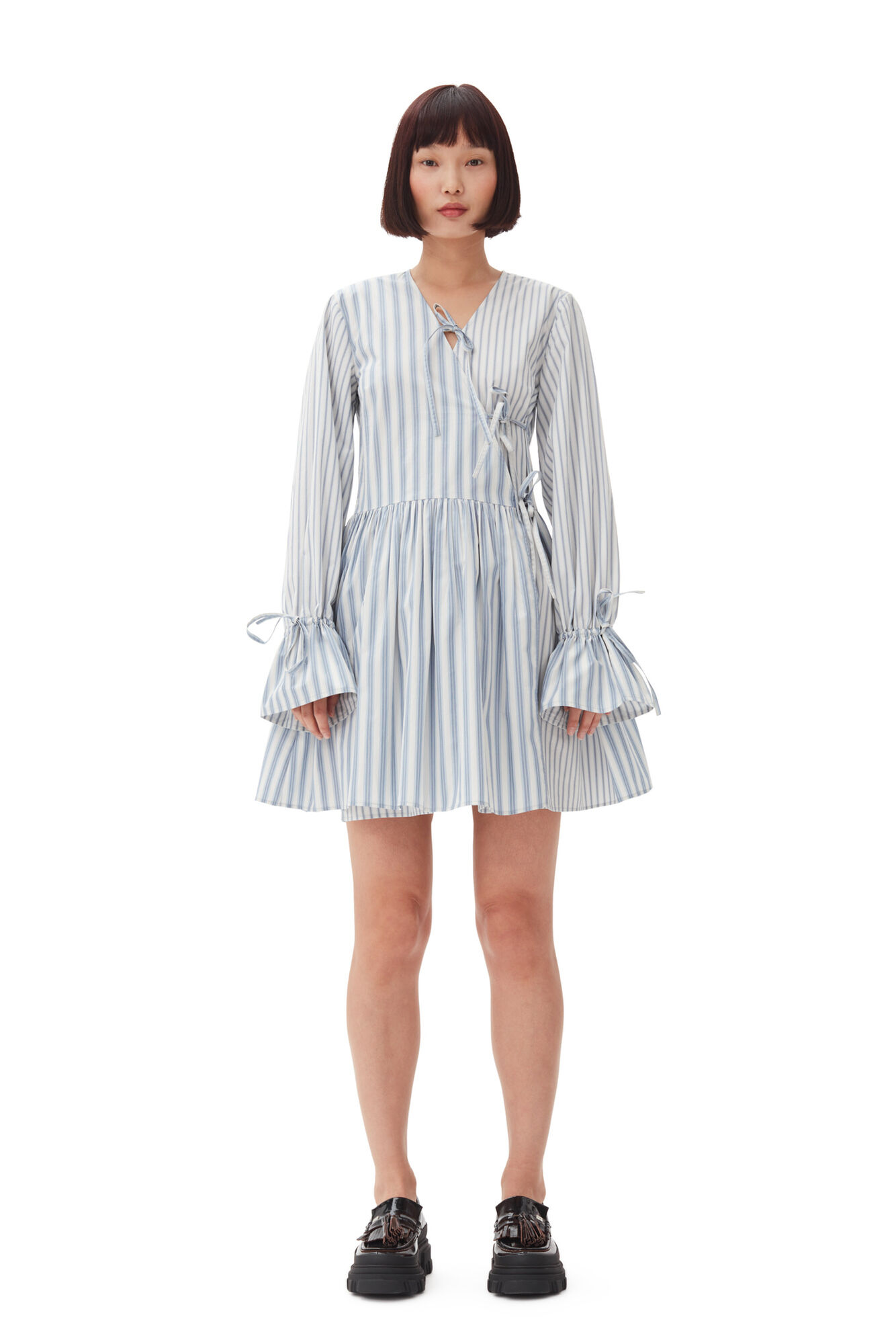 Blue Stripe Cotton Mini Wrap Dress, Cotton, in colour Egret - 2 - GANNI
